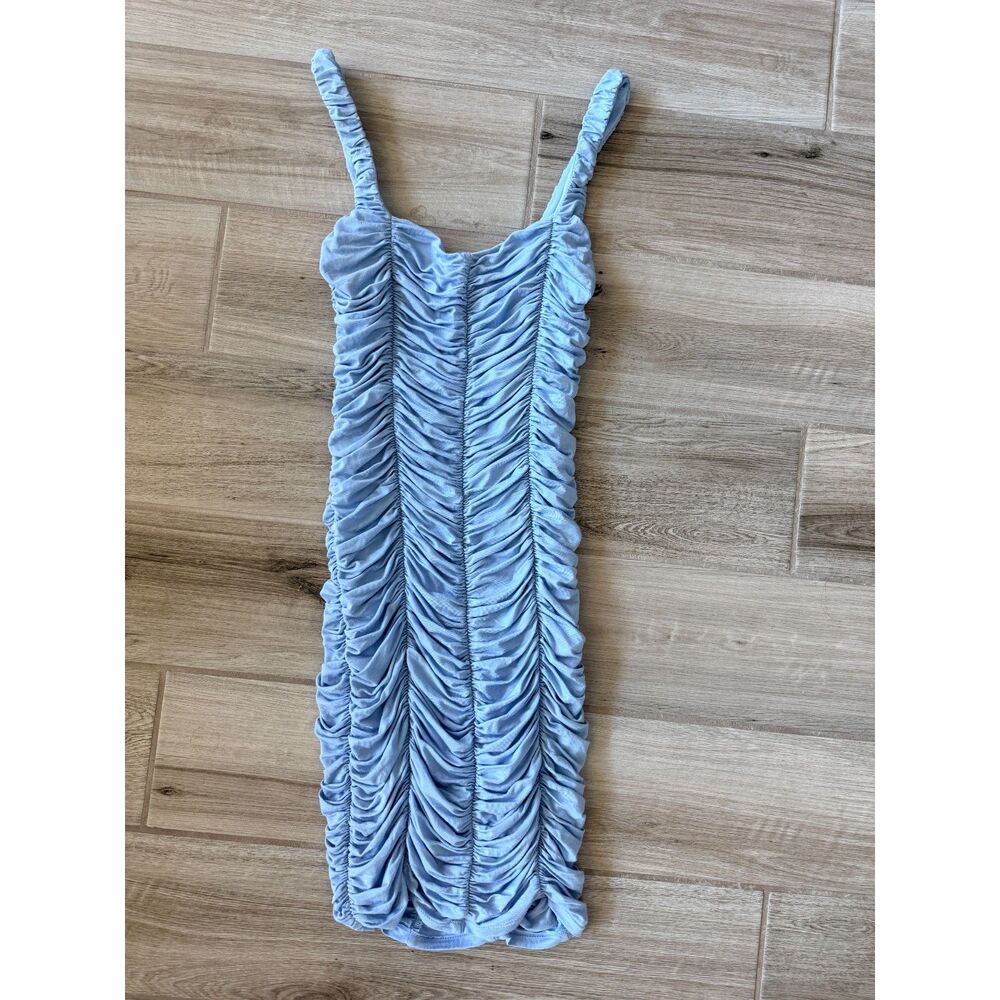 bebe Blue Ruched bodycon cocktail Dress Sz S Sleeveless Sweetheart Stretch